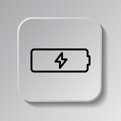 Battery simple icon vector. Flat desing. Black icon on square button with shadow. Grey background.ai