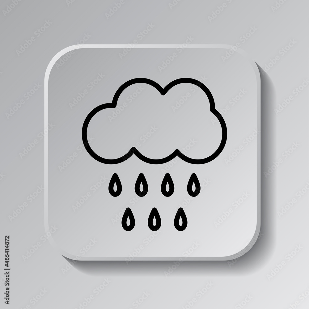 Poster cloud rain, drops simple icon vector. flat desing. black icon on square button with shadow. grey bac