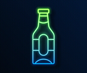Glowing neon line Beer bottle icon isolated on blue background. Vector