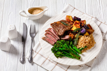 Steak with mustard sauce, top view