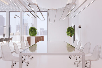 Luxury white concrete glass office interior with window and city view, daylight, coworking and meeting areas, decorative plants. Design and style concept. 3D Rendering.