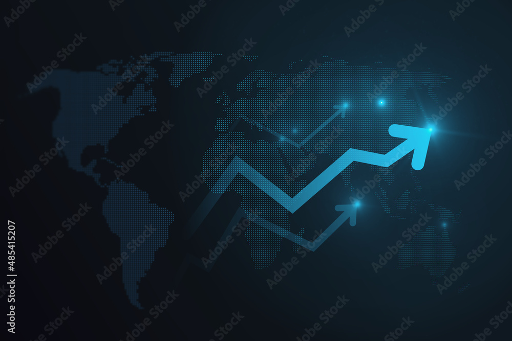 Poster Abstract glowing growing business arrow and map hologram on blue background. Technology and internet data concept. 3D Rendering.