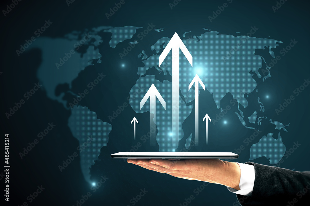 Aufkleber close up of man hand holding tablet with abstract glowing growing business arrow and map hologram on