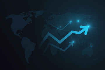 Abstract glowing growing business arrow and map hologram on blue background. Technology and...
