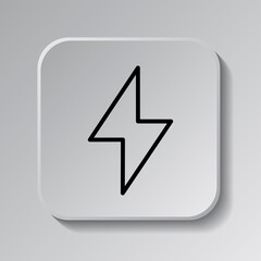 Flash simple icon vector. Flat desing. Black icon on square button with shadow. Grey background.ai