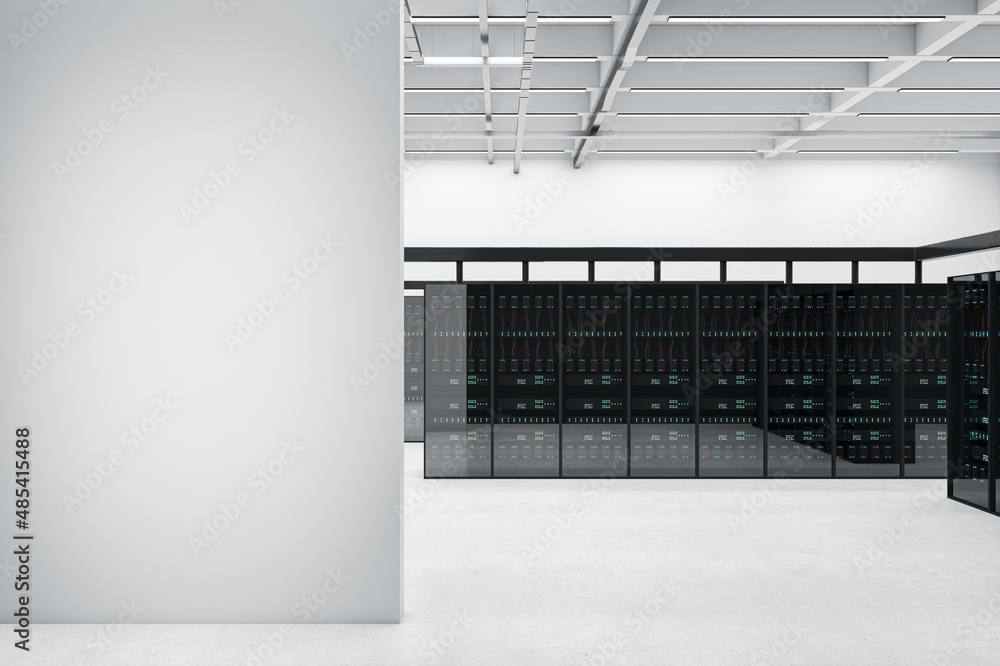 Aufkleber modern server room interior with mock up place on concrete wall. datacenter, security and database c