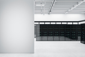 Modern server room interior with mock up place on concrete wall. Datacenter, security and database...