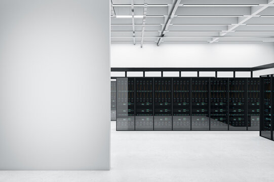 Modern server room interior with mock up place on concrete wall. Datacenter, security and database concept. 3D Rendering.