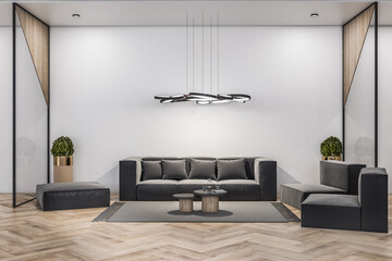 Waiting area in modern office with couch and decorative items. 3D Rendering.