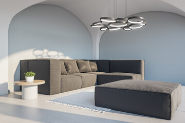 Modern cozy concrete living room interior with couch, decorative lamp and sunlight. Design concept. 3D Rendering.