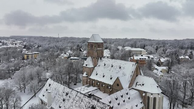 Chemnitz in Winter Schloss Castle Church in Snow - Aerial View Drone Mavic 3 Cine Video Saxony Germany Karl-Marx-Stadt Christmas Day