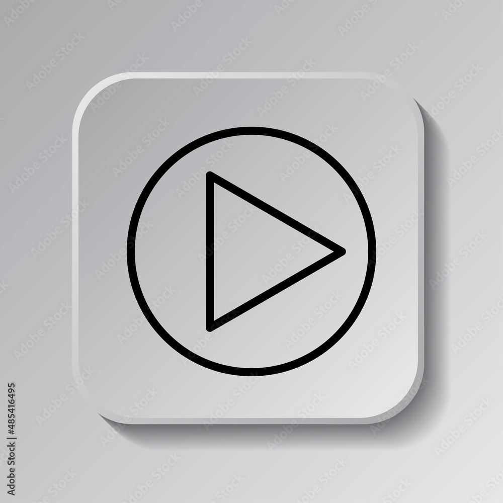 Poster play button simple icon vector. flat desing. black icon on square button with shadow. grey backgroun