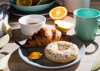 Healthy breakfast. Croissant, donut, coffee, jam, fruits: oranges and pears.