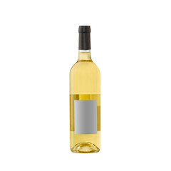 white yellow wine bottle with blank label isolated on white background.
