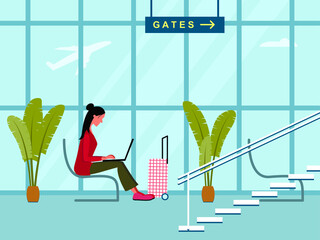 Vector illustration - a young woman sitting and working on a laptop in the interior of an airport terminal with a staircase and a large window
