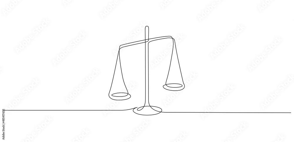 Wall mural One continuous line drawing of law balance and scale of justice. Symbol of equality and concept court and logo firm in simple linear style. Libra icon. Doodle vector illustration