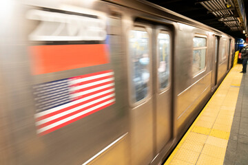 New York subway train in motion