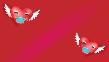 Valentine day in coronavirus concept in realistic style. Big 3d hearts is wearing medical mask. Happy and safe during quarantine in valentine holiday.