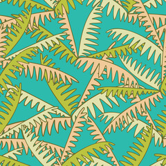 Vector seamless design with decorative abstract palm trees in green and blue colors