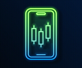 Glowing neon line Mobile stock trading concept icon isolated on blue background. Online trading, stock market analysis, business and investment. Vector