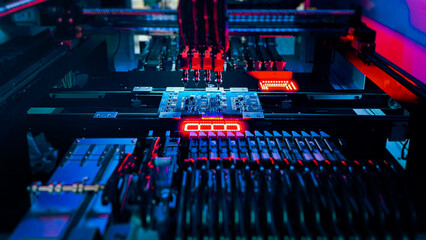 High-tech production of computer chips on automatic Pick and Place equipment. Automatic production...