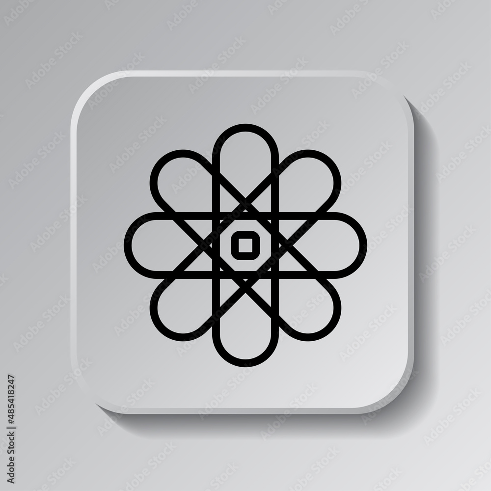 Poster atom simple icon, vector. flat desing. black icon on square button with shadow. grey background.ai