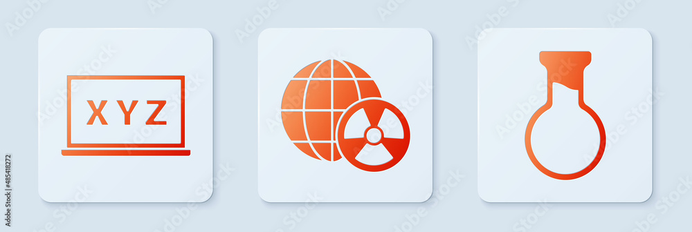 Poster set planet earth and radiation, xyz coordinate system and test tube and flask. white square button. 