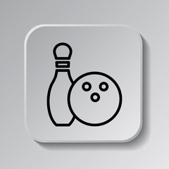 Bowling simple icon vector. Flat desing. Black icon on square button with shadow. Grey background.ai
