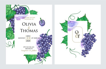 Botanical wedding invitation card template design, purple grapes fruts with leaves.