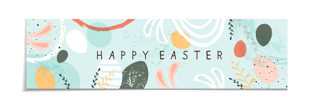Abstract Blue Banner with Happy Easter and Eggs