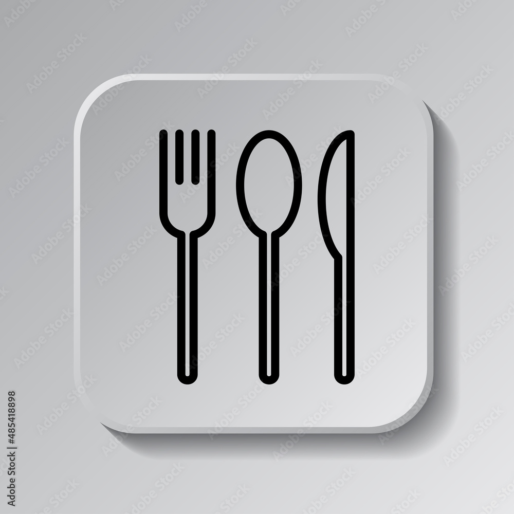 Poster fork spoon knife simple icon. flat desing. black icon on square button with shadow. grey background.