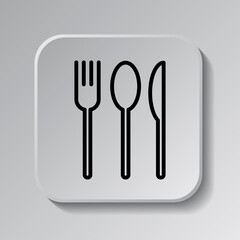 Fork spoon knife simple icon. Flat desing. Black icon on square button with shadow. Grey background.ai