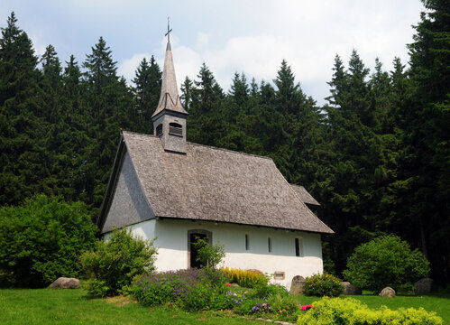 Little Ancient Chapel Martinskapelle In The Forest Near Triberg Black Forest Germany On A Beautiful Sunny Summer Day With A Clear Blue Sky And A Few Clouds