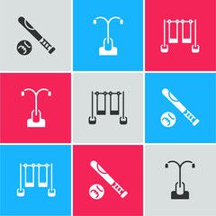 Set Baseball bat with ball, Street light and Double swing icon. Vector