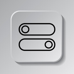 On off, switch simple icon. Flat desing. Black icon on square button with shadow. Grey background.ai