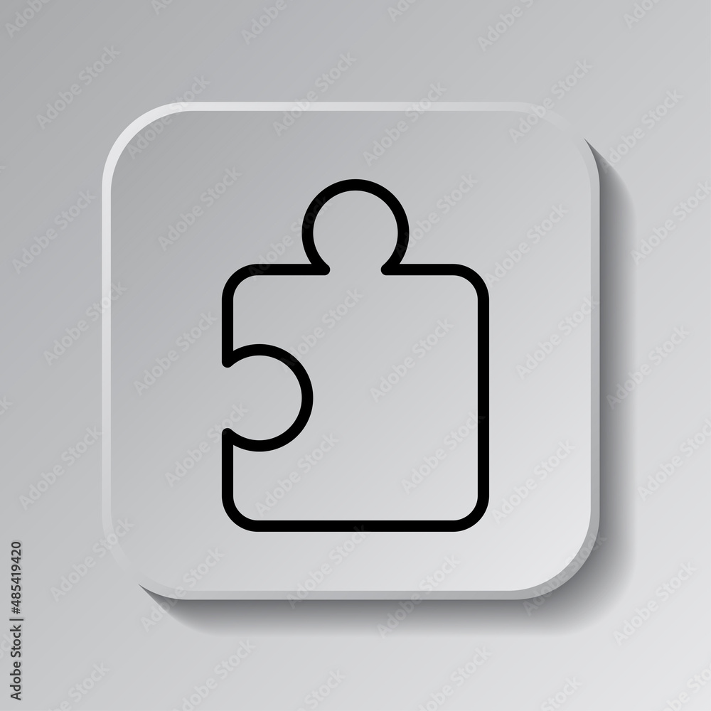Aufkleber puzzle vector, simple icon. flat desing. black icon on square button with shadow. grey background.ai