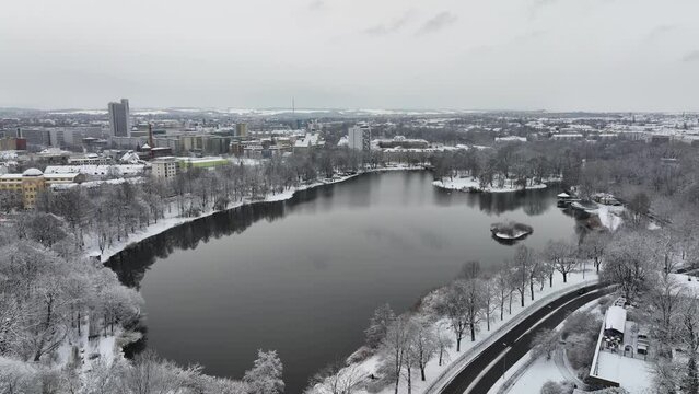 Chemnitz - Winter Schlossteich Castle Lake Drone Aerial - Snow White Christmas