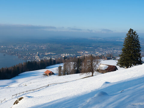 View towards the city of Zug, Switzerland, on a sunny winter afternoon