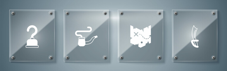 Set Pirate sword, treasure map, Smoking pipe and hook. Square glass panels. Vector