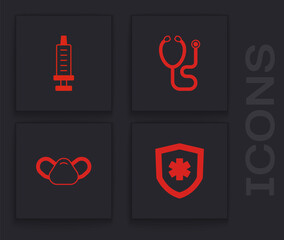 Set Life insurance, Syringe, Stethoscope and Medical protective mask icon. Vector