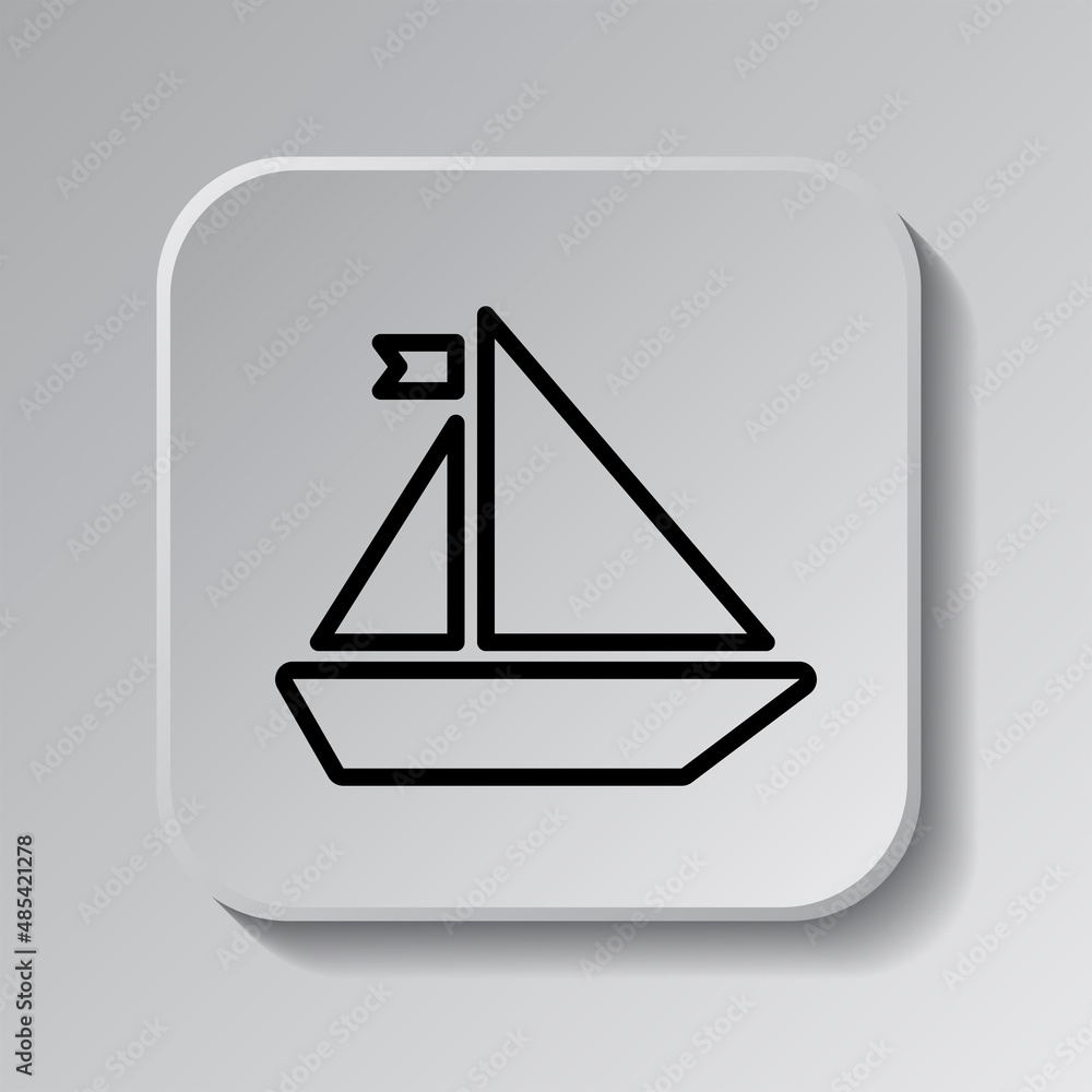 Poster Boat simple icon. Flat desing. Black icon on square button with shadow. Grey background.ai