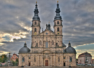 Front View Of The Cathedral Of Fulda Germany On A Beautiful Sunny Autumn Day With A Clear Blue Sky And A Few Clouds