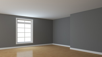 Empty Interior Corner with Gray Walls, White Window, Light Glossy Parquet Floor and a White Plinth. Perspective View. 3D Illustration with a Work Path on Window, 7680x4320, 300 dpi