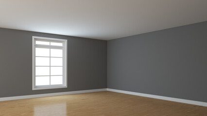 Empty Interior Corner with Grey Walls, White Window, Light Glossy Parquet Floor and a White Plinth. Perspective View. 3D Illustration with a Work Path on Window, 7680x4320, 300 dpi