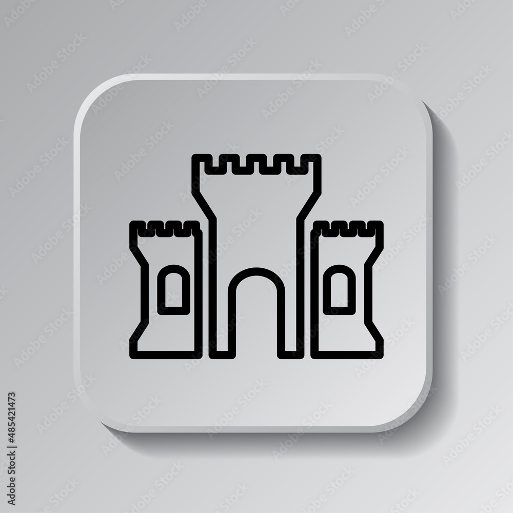 Poster castle simple icon. flat desing. black icon on square button with shadow. grey background.ai