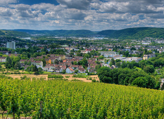 View From Petrisberg To The Mosel River In Trier Germany On A Beautiful Sunny Summer Day With A Clear Blue Sky And A Few Clouds - obrazy, fototapety, plakaty