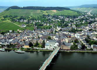 View From Fort Grevenburg To The Mosel River And The Vineyards Around Traben-Trarbach Germany On A Beautiful Sunny Summer Day With A Clear Blue Sky And A Few Clouds