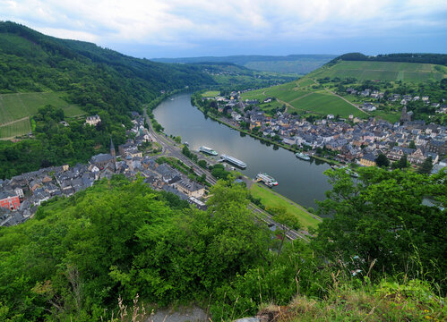 View From Fort Grevenburg To The Mosel River And The Vineyards Around Traben-Trarbach Germany On A Beautiful Sunny Summer Day With A Few Clouds