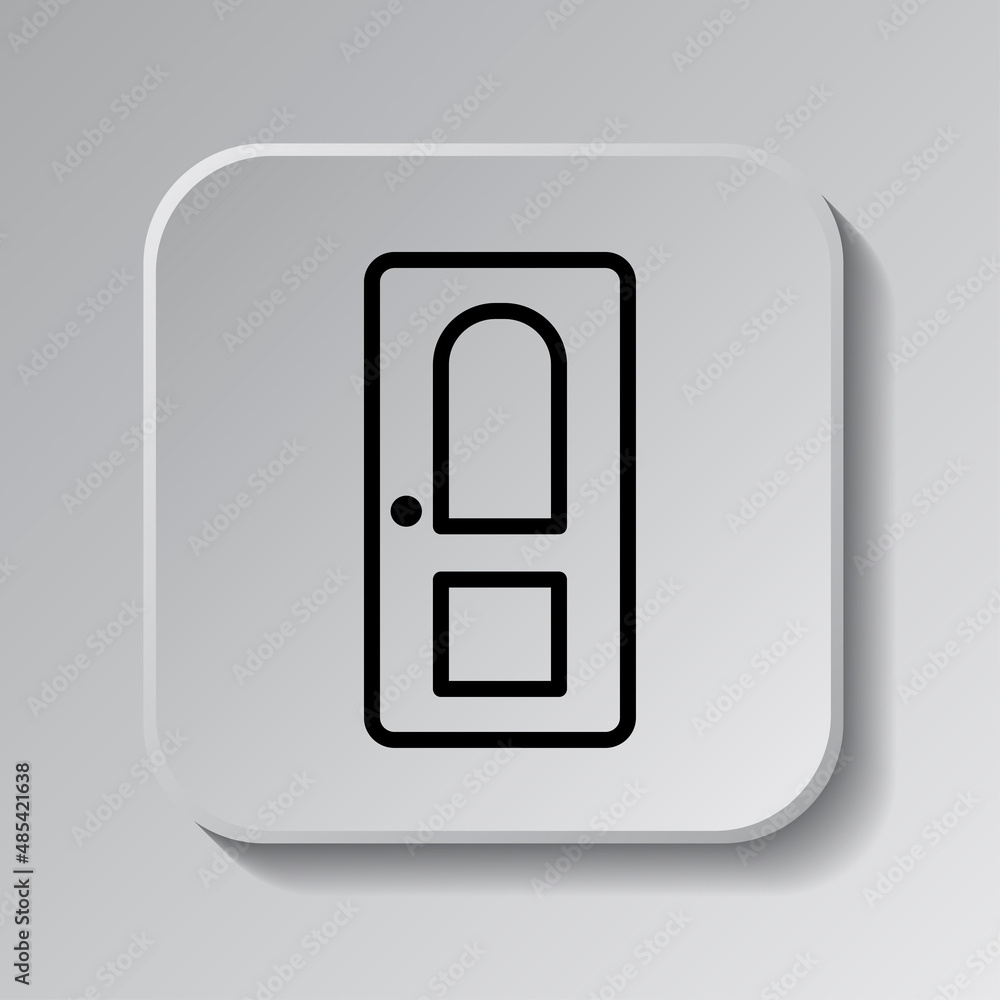Poster door simple icon. flat desing. black icon on square button with shadow. grey background.ai