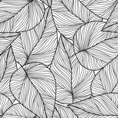 seamless abstract black and white pattern with leaves , vector